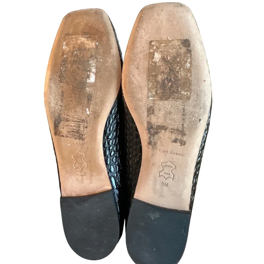 Tory Burch Georgia Croc Patent Leather Square Toe Ballet Flats Black 8